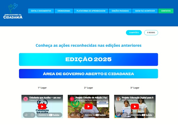 Página do programa Embaixadores da Cidadania, edição 2025: o projeto Cidadania que Acolhe aparece em 1º lugar na área de Governo Aberto e Cidadania (abre em uma nova aba)
